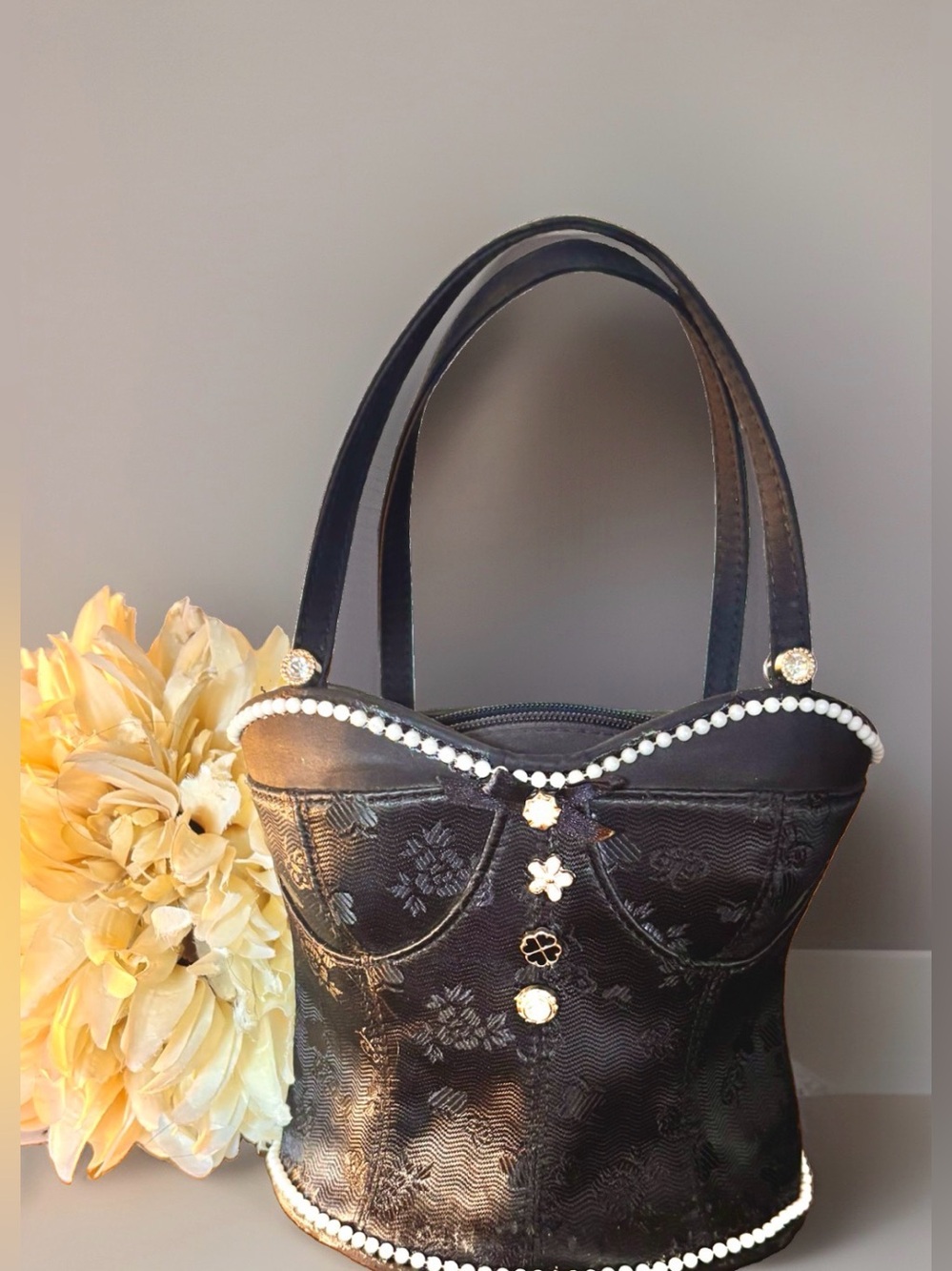Corset Bustier Bodice Handbag Black Satin Rose Pattern Embellished Purse Vintage